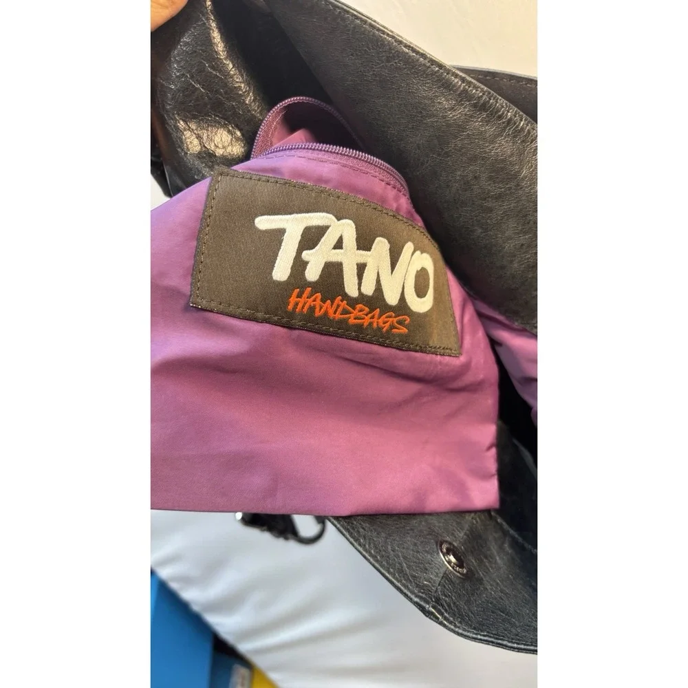 TANO Black Leather Hobo Shoulder Bag Purple Lining Studded Hardware